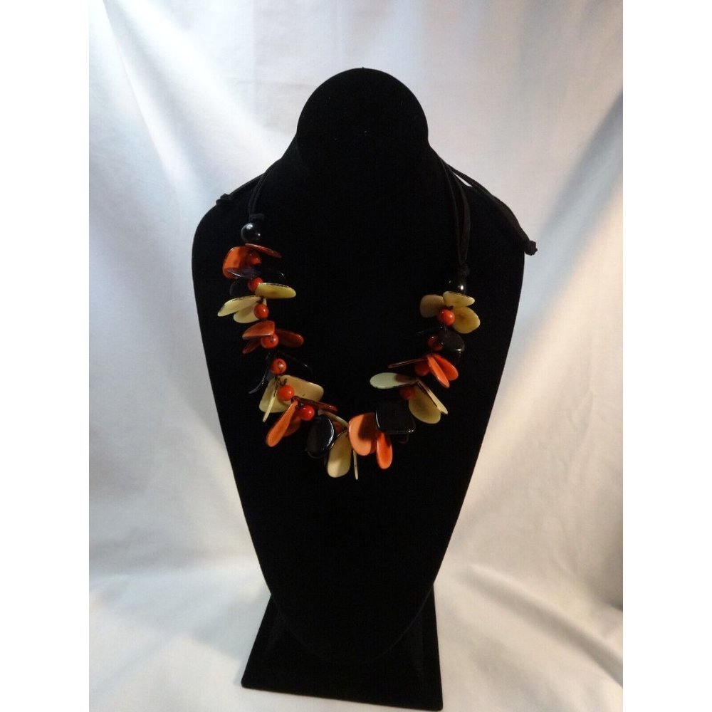 Stunning Acrylic Peach Cream Black Petal Beads Leather Cord adjustable via Slide - Picture 2 of 7
